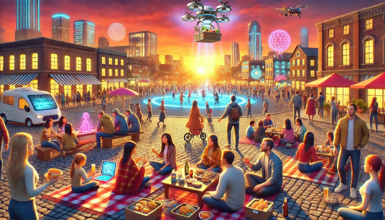 A Vibrant Evening in the Future: Town Square at Sunset